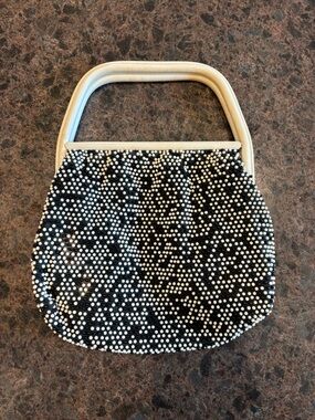 Vintage 1960s Purse Black and White Plastic Bead Large Top Handle